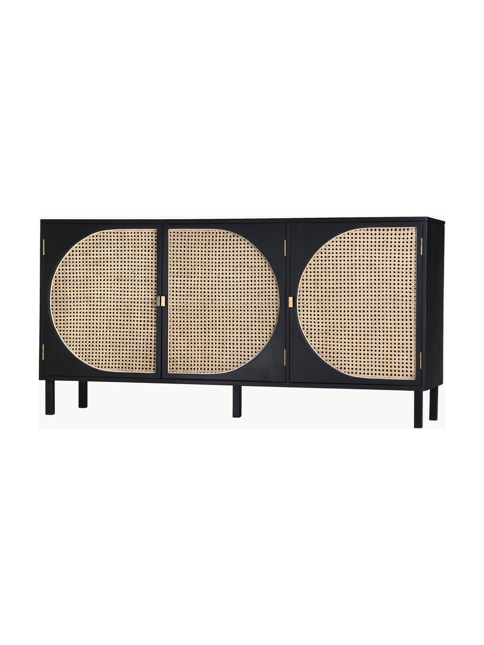 Credenza fatta a mano in legno Sungkai con intreccio viennese Lizzie, Piedini: metallo verniciato a polv, Maniglie: ottone rivestito, Nero, rattan, Larg. 160 x Alt. 81 cm