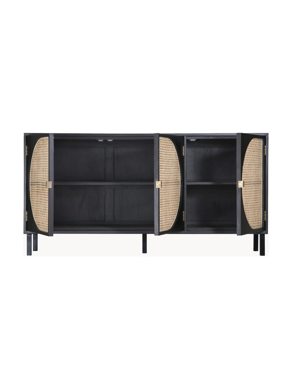 Credenza fatta a mano in legno Sungkai con intreccio viennese Lizzie, Piedini: metallo verniciato a polv, Maniglie: ottone rivestito, Nero, rattan, Larg. 160 x Alt. 81 cm