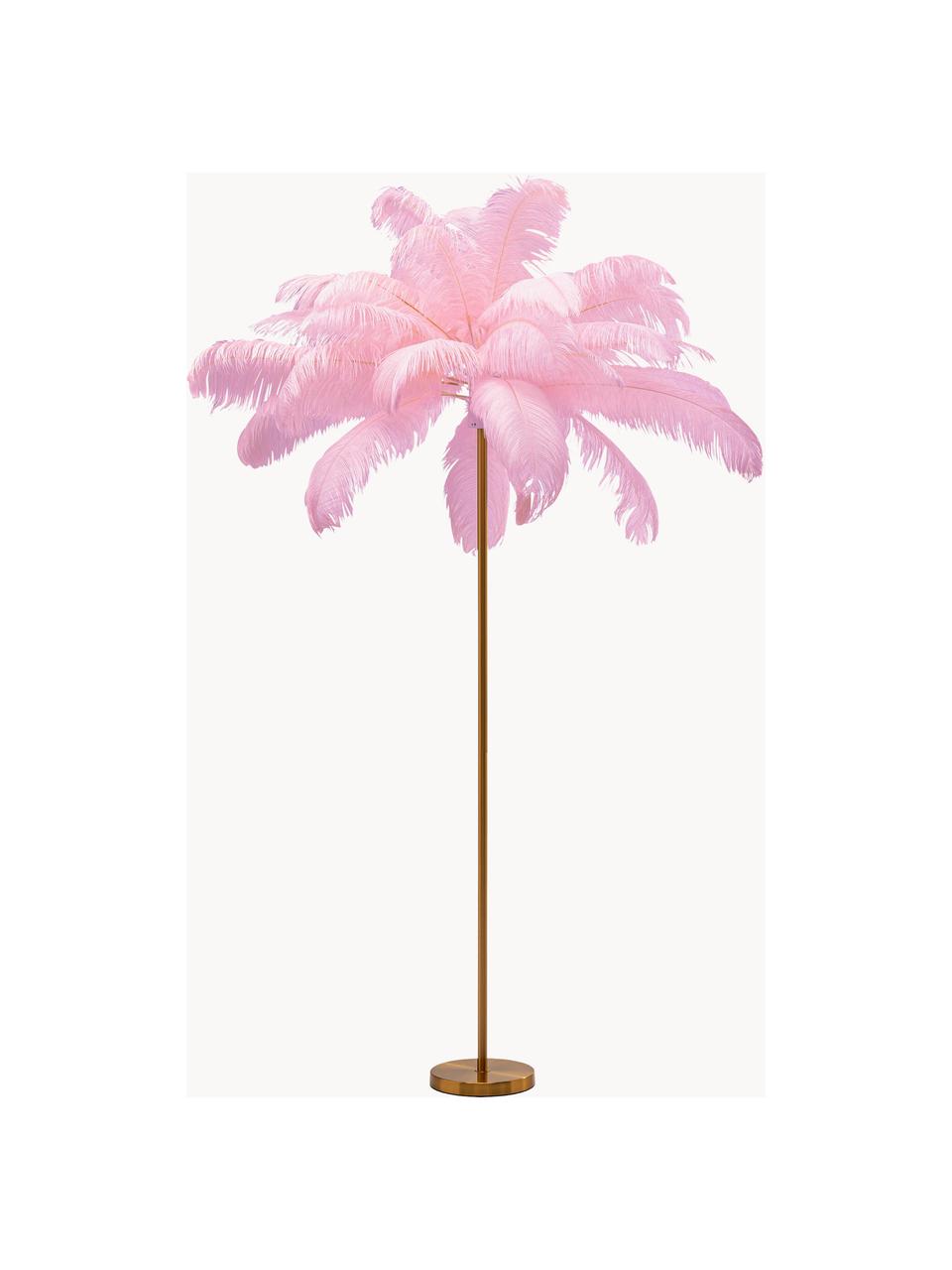 Lámpara de pie Feather Palm, Pantalla: plumas de avestruz, Estructura: acero latón, Cable: plástico, Dorado, rosa, Al 165 cm