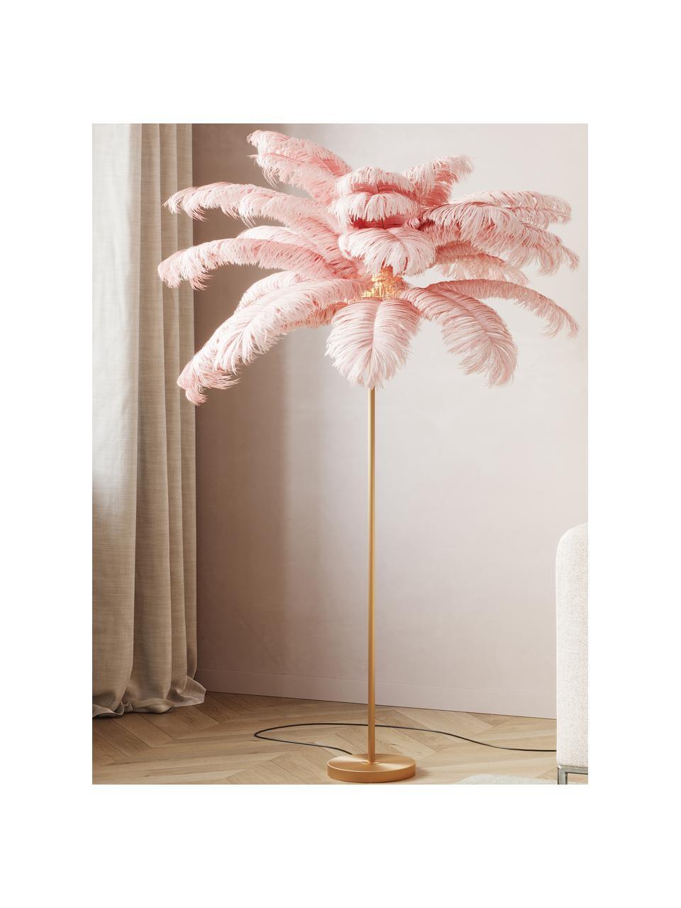 Vloerlamp Feather Palm, Lampenkap: struisvogelveren, Goudkleurig, roze, H 165 cm