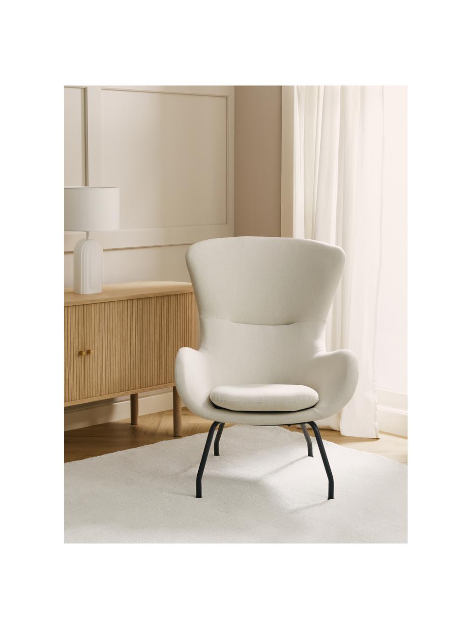 Fauteuil à oreilles avec pieds en métal Wing, Tissu blanc crème, larg. 75 x prof. 85 cm