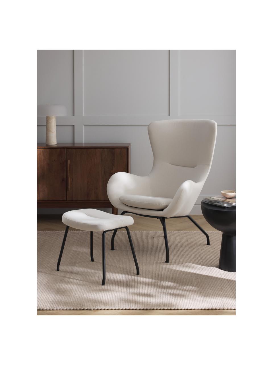 Fauteuil à oreilles avec pieds en métal Wing, Tissu blanc crème, larg. 75 x prof. 85 cm