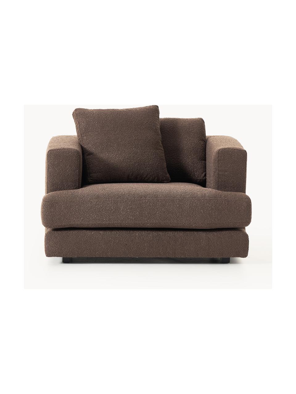 Fotel Bouclé Tribeca, Tapicerka: Bouclé (93% poliester, 6%, Stelaż: drewno bukowe, drewno sos, Nogi: drewno sosnowe Ten produk, Ciemnobrązowy Bouclé, S 110 x G 100 cm