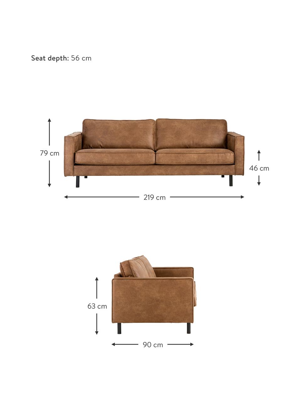 Divano 3 posti in pelle riciclata Hunter, Rivestimento: pelle riciclata (70% pell, Struttura: legno di pino massiccio c, Piedini: metallo verniciato a polv, Pelle marrone, Larg. 219 x Prof. 90 cm