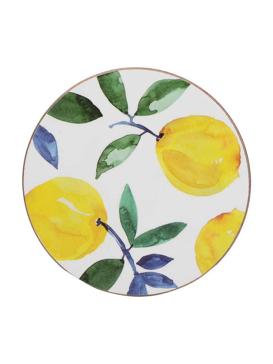 Onderzetter Lemons met citroenmotief, 4 stuks, Kurk, gecoat, Wit, geel, groen, Ø 12 cm