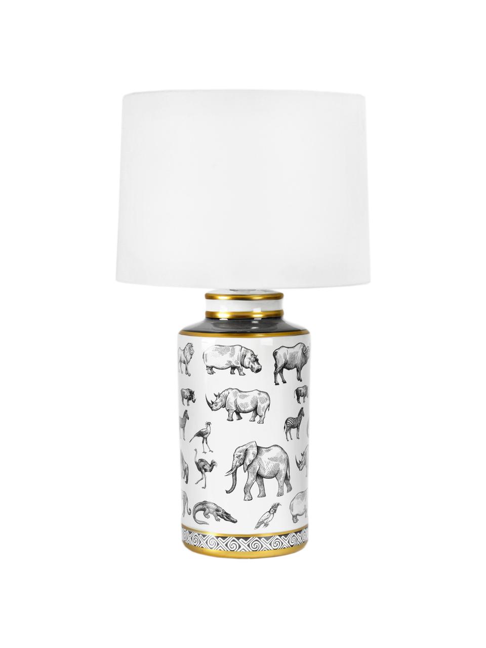 Grote tafellamp Africa van porselein, Lampenkap: polyester, Lampvoet: porselein, Wit, zwart, goudkleurig, Ø 18 x H 63 cm