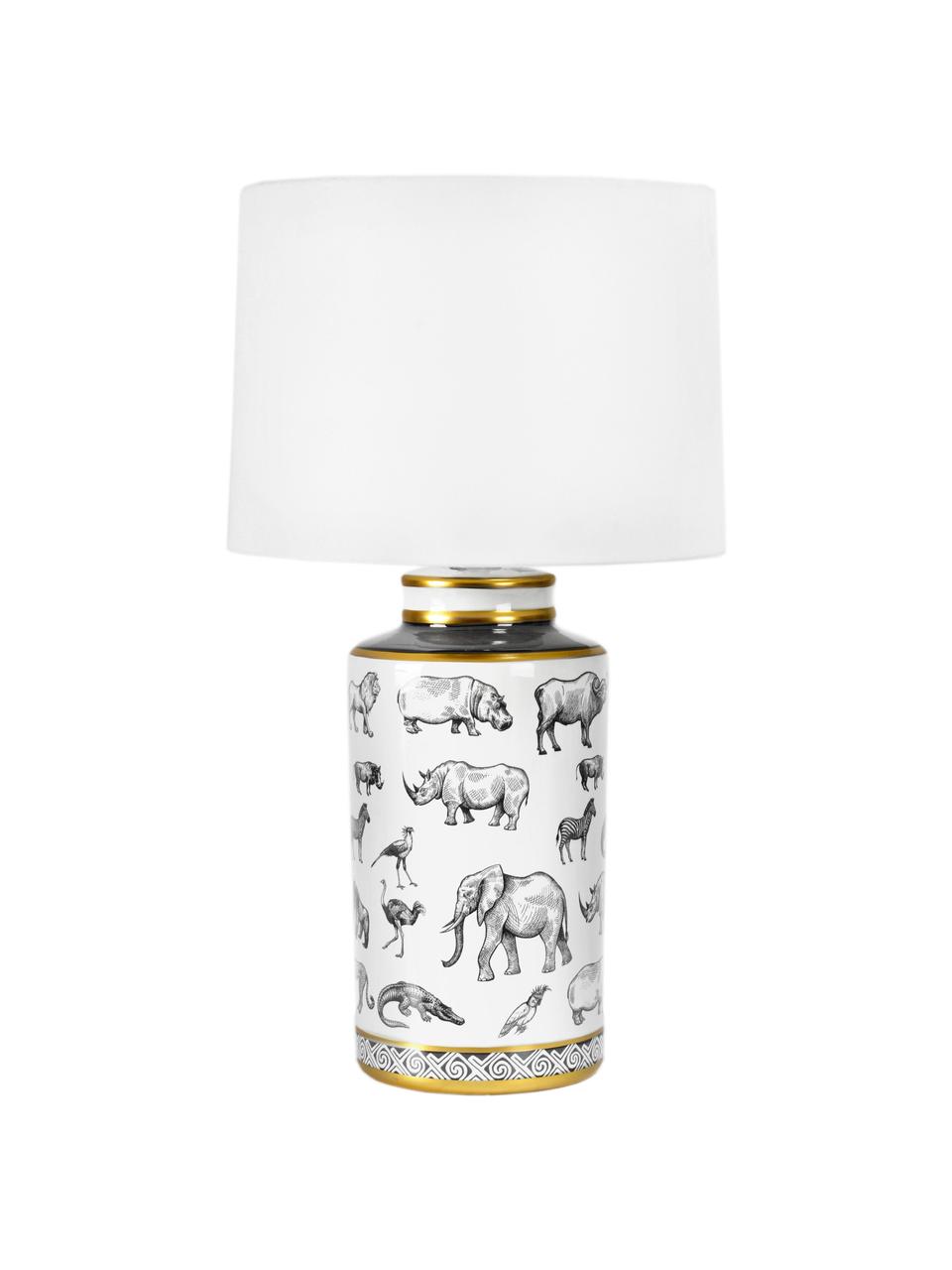 Veľká stolová lampa z porcelánu Africa, Biela, čierna, odtiene zlatej, Ø 18 x V 63 cm