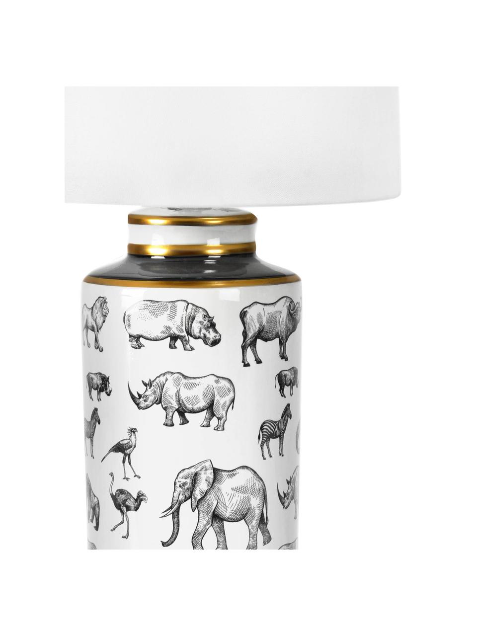 Grote tafellamp Africa van porselein, Lampenkap: polyester, Lampvoet: porselein, Wit, zwart, goudkleurig, Ø 18 x H 63 cm