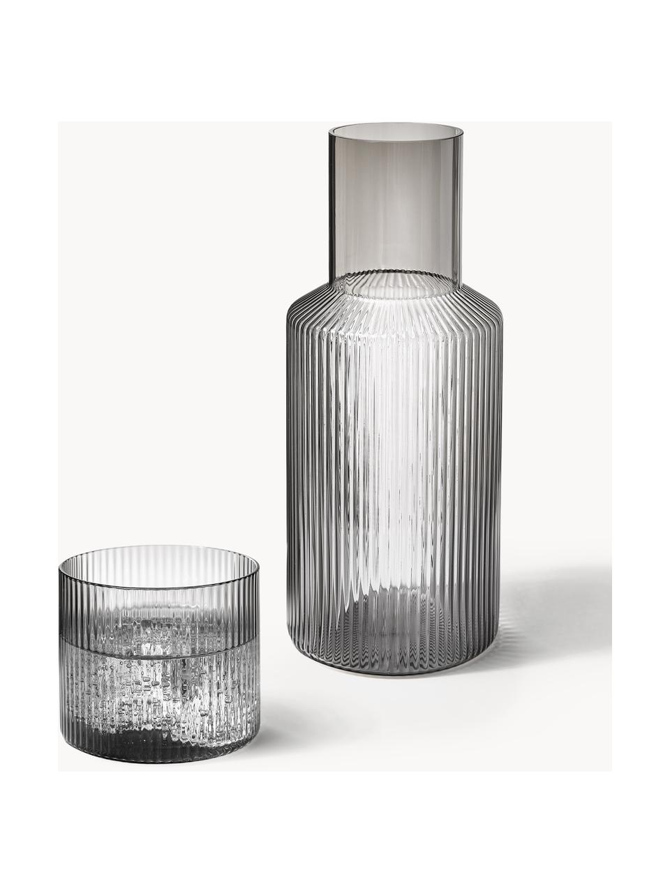 Carafe et verre striés soufflés bouche Ripple, 2 pièces, Verre, soufflé bouche, Gris, transparent et haute brillance, Lot de tailles différentes