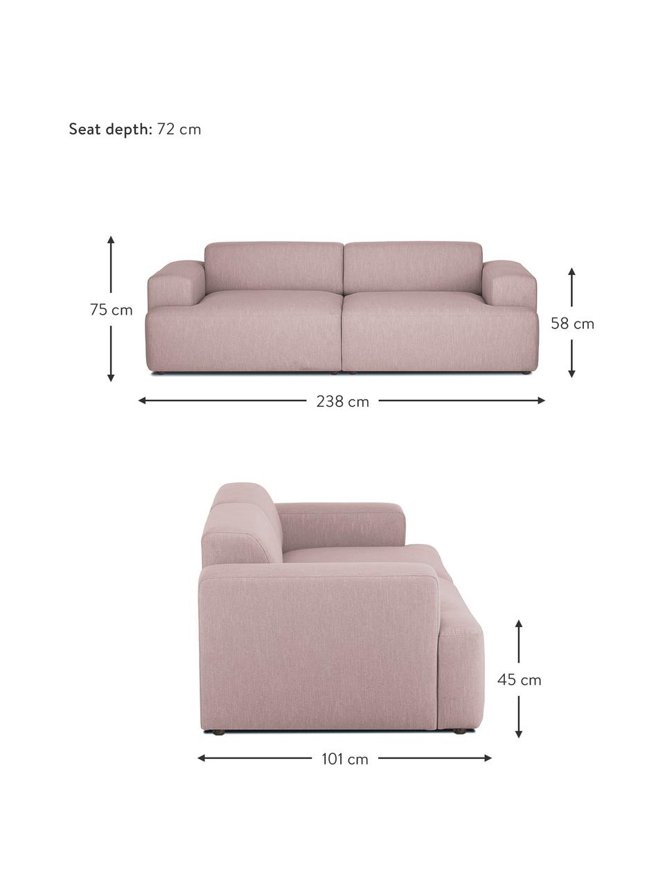 Bank Melva (3-zits), Bekleding: 100% polyester Met 35.000, Frame: massief grenenhout, FSC-g, Poten: kunststof, Geweven stof lichtroze, B 238 x D 101 cm