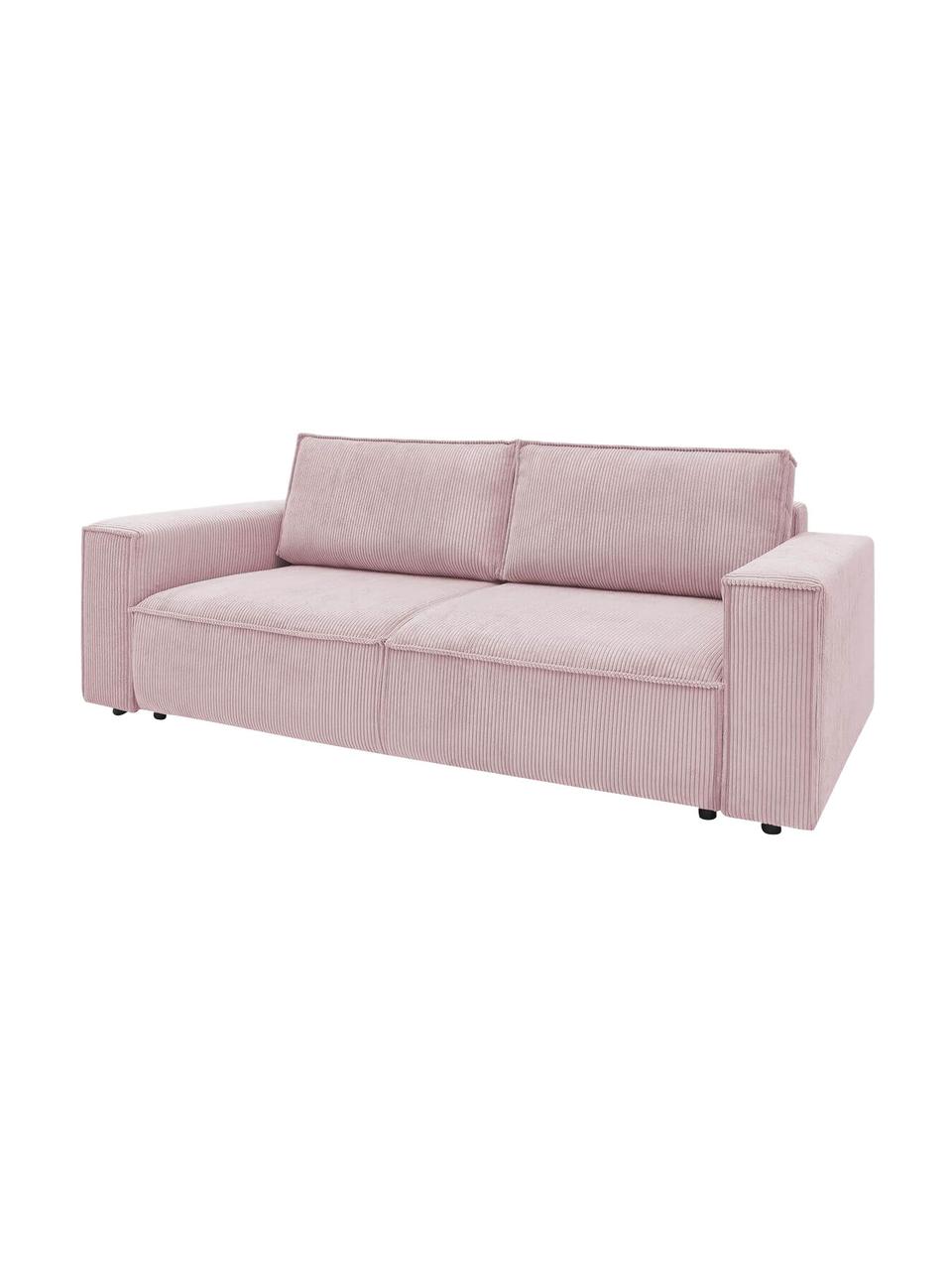 Sofá cama de pana Nihad (3 plazas), con espacio de almacenamiento, Tapizado: pana, Patas: madera, Terciopelo rosa, An 245 x F 102 cm