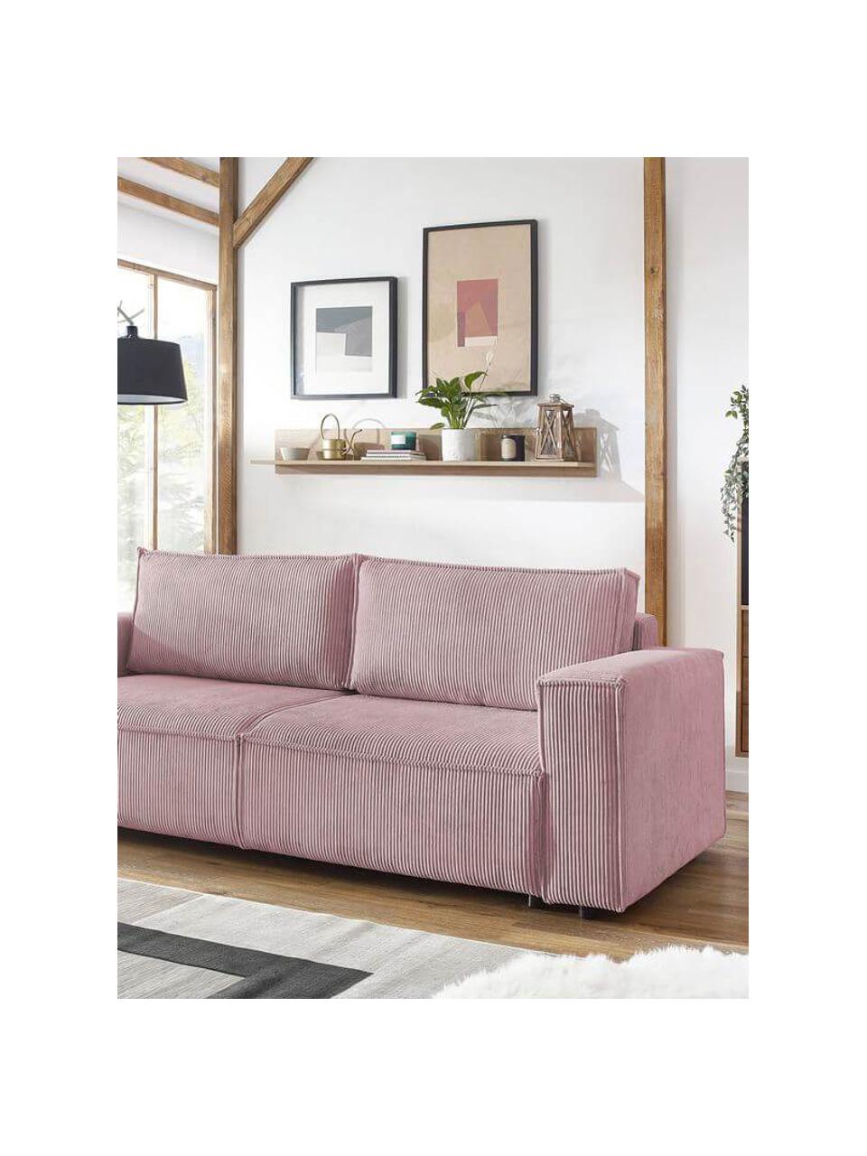 Sofa rozkładana ze sztruksu z miejscem do przechowywania Nihad (3-osobowa), Tapicerka: sztruks, Nogi: drewno naturalne, Lila, S 245 x G 102 cm