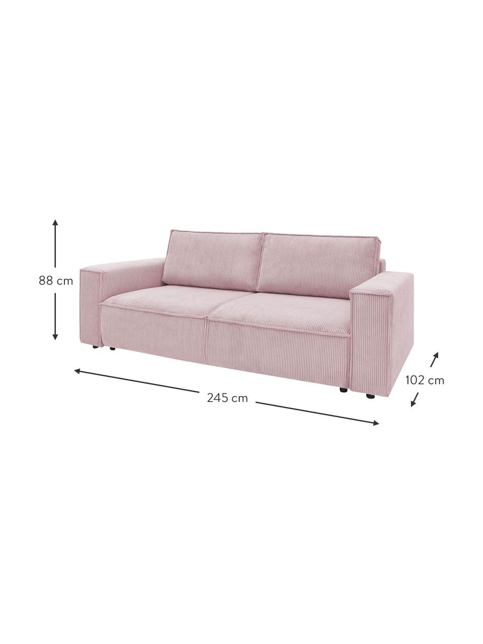 Sofa rozkładana ze sztruksu z miejscem do przechowywania Nihad (3-osobowa), Tapicerka: sztruks, Nogi: drewno naturalne, Lila, S 245 x G 102 cm