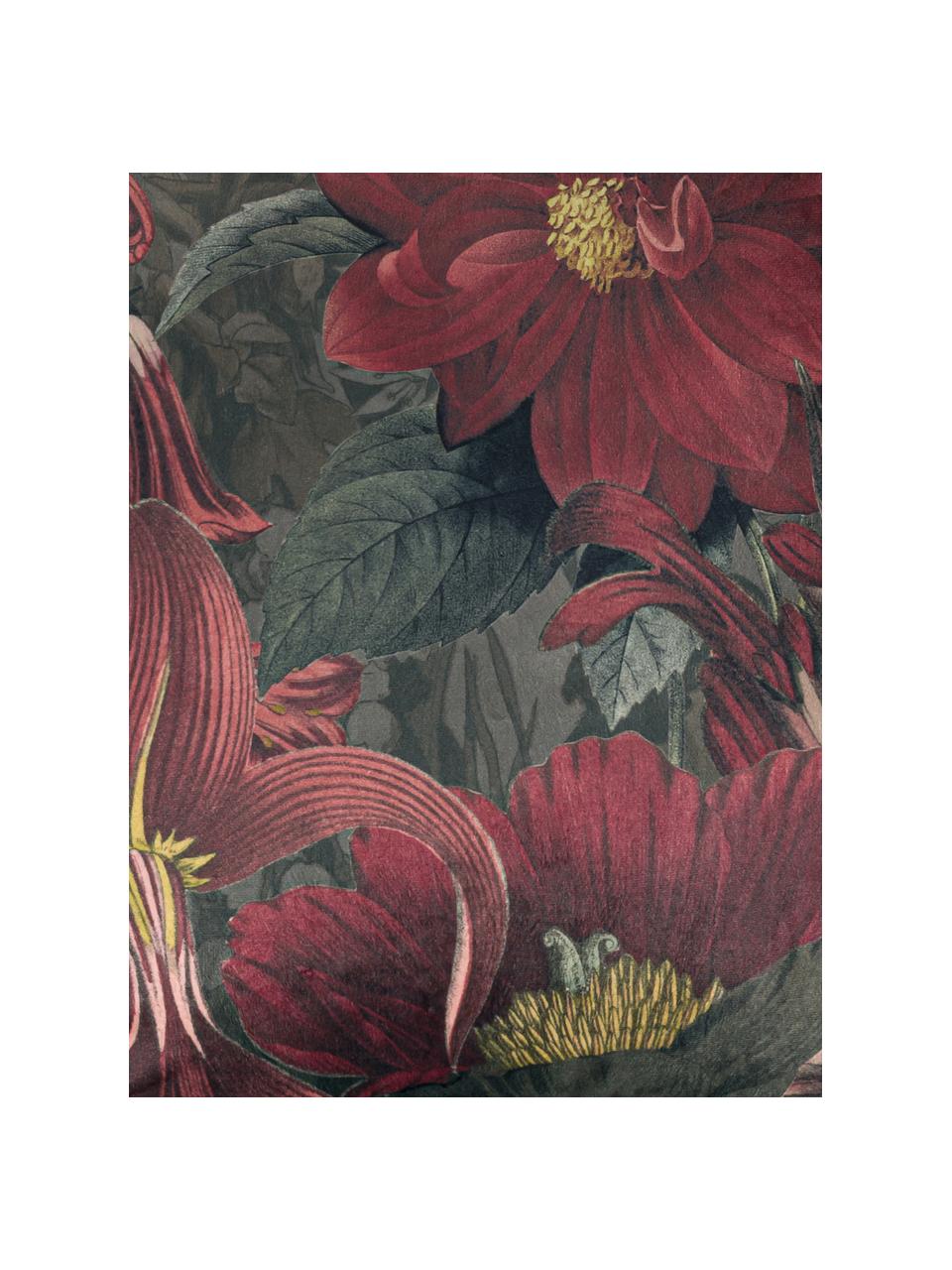 Sametový povlak na polštář Merion s květinovým potiskem v červené / zelené barvě, Červená, zelená