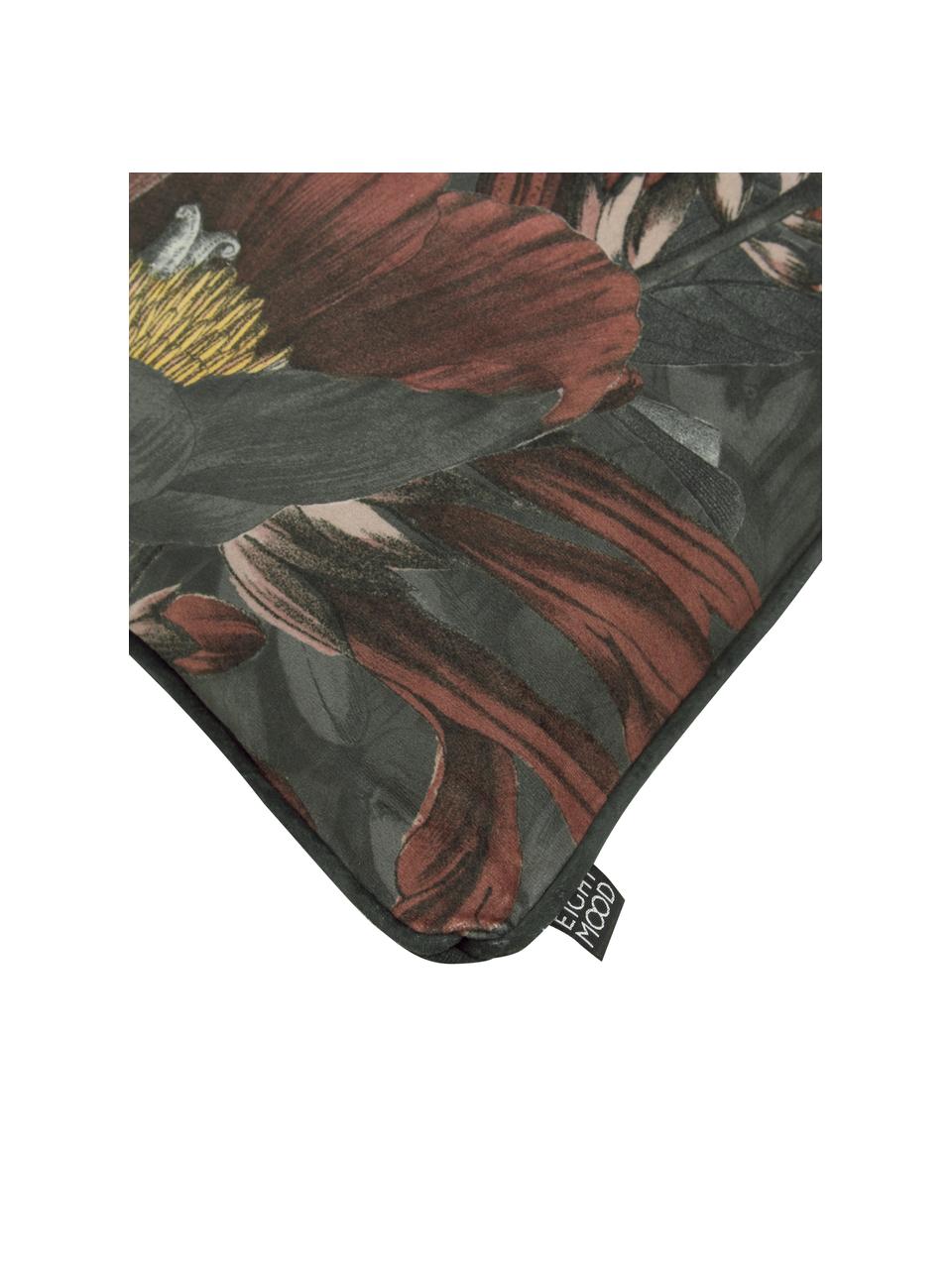 Samt-Kissenhülle Merion mit floralem Print in Rot/Grün, Vorderseite: 100% Polyestersamt, Rückseite: 100% Polyestersamt, Rot, Grün, 50 x 50 cm