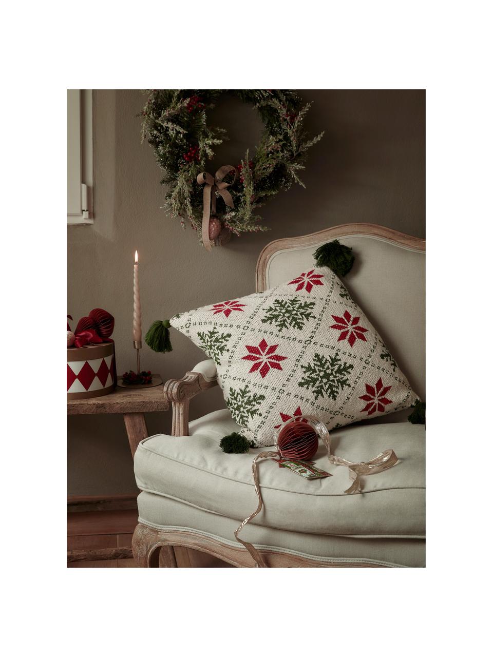 Gestrickte Kissenhülle Starry mit Weihnachtsmotiv, 100 % Baumwolle, Grün, Rot, Weiss, B 50 x L 50 cm