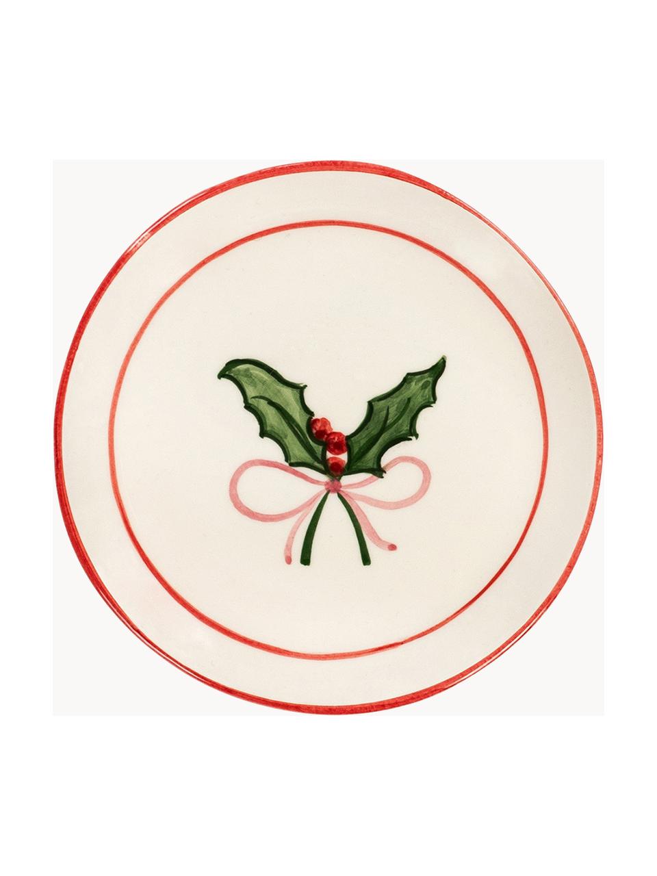 Ręcznie malowany talerz śniadaniowy Holly Jolly, Ceramika, Złamana biel, ciemny zielony, czerwony, Ø 22 cm