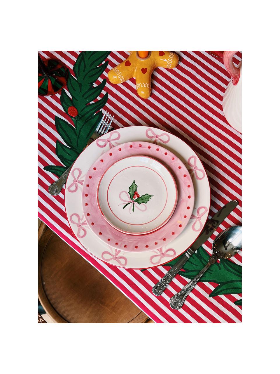 Ručne maľovaný raňajkový tanier Holly Jolly, Keramika, Lomená biela, tmavozelená, červená, Ø 22 cm