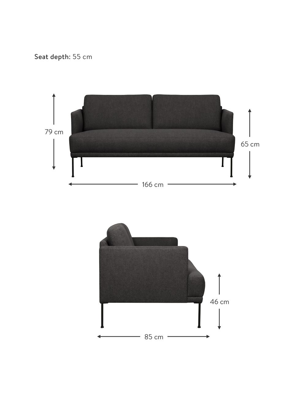 Pohovka s kovovými nohami Fluente (2-miestna), Tmavosivá, Š 166 x H 85 cm