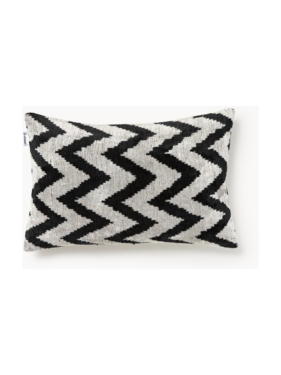 Housse de coussin en velours avec motif en zigzag Velvety, Velours de soie (50 % soie, 50 % coton), Beige, noir, larg. 40 x long. 60 cm