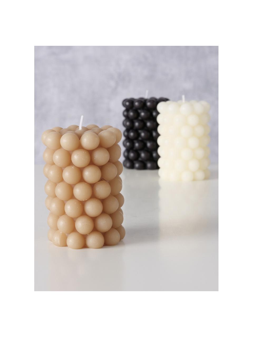 Bougies piliers de cire Pearls, 3 élém., haut. 10 cm, Cire, Blanc cassé, noir, beige, Ø 7 x haut. 10 cm