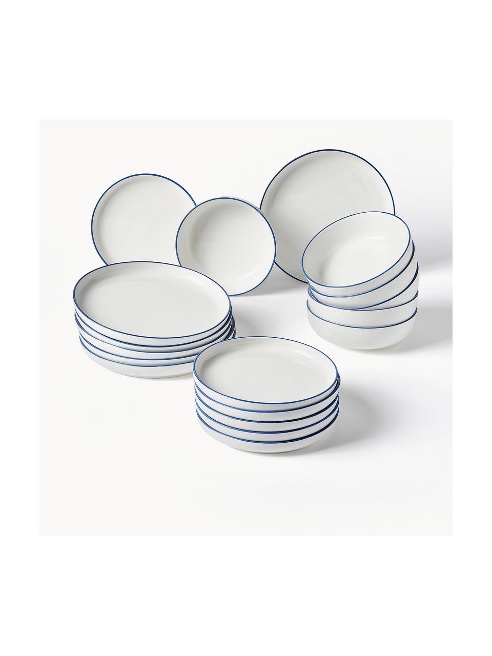 Porzellan Geschirr-Set Facile, 6 Personen (18er-Set), Hochwertiges Hartporzellan (ca. 50 % Kaolin, 25 % Quarz und 25 % Feldspat), Off White mit dunkelblauem Rand, 6 Personen (18-tlg.)