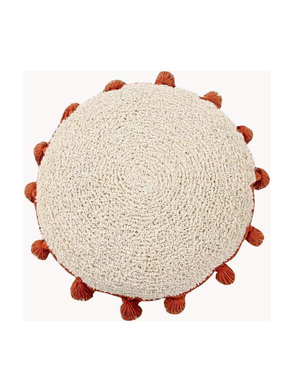 Coussin moelleux fait main avec franges Circle, Blanc crème, orange, Ø 48 cm