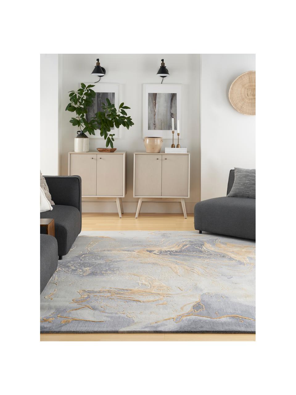 Tapis à poils courts tissé à la main avec effet de relief Prismatic, Gris-bleu, gris clair, doré, larg. 120 x long. 180 cm (taille S)