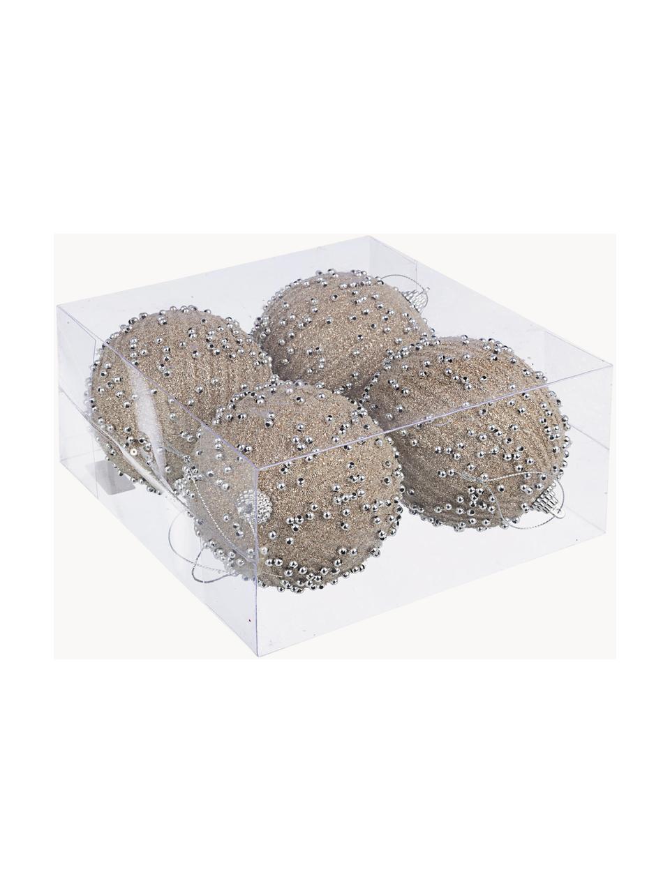 Kerstballen Pearly, 4 stuks, Polyschuim, Lichtbeige, glanzend, zilverkleurig, Ø 10 cm