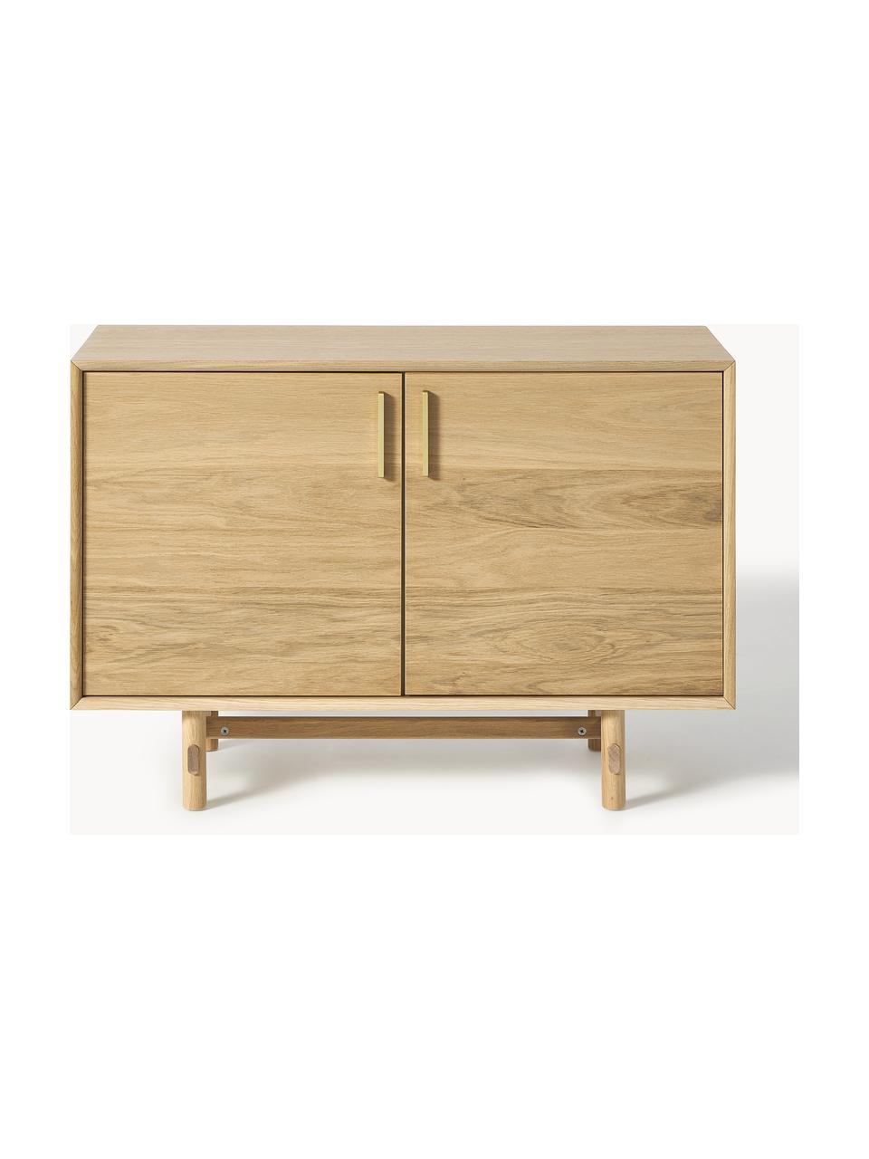 Kleine dressoir Diana van eikenhout, Frame: spaanplaat met eikenhoutf, Poten: eikenhout, Handvatten: aluminiumlegering Dit pro, Licht eikenhout, B 110 x H 76 cm