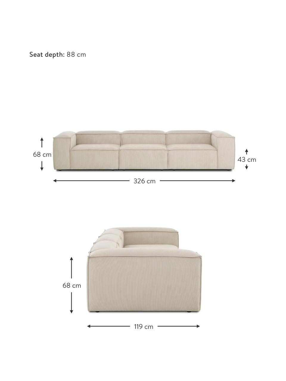 Sofa modułowa ze sztruksu Lennon (4-osobowa), Tapicerka: sztruks (92% poliester, 8, Stelaż: lite drewno sosnowe z cer, Nogi: tworzywo sztuczne Materia, Jasnobeżowy sztruks, S 327 x G 119 cm