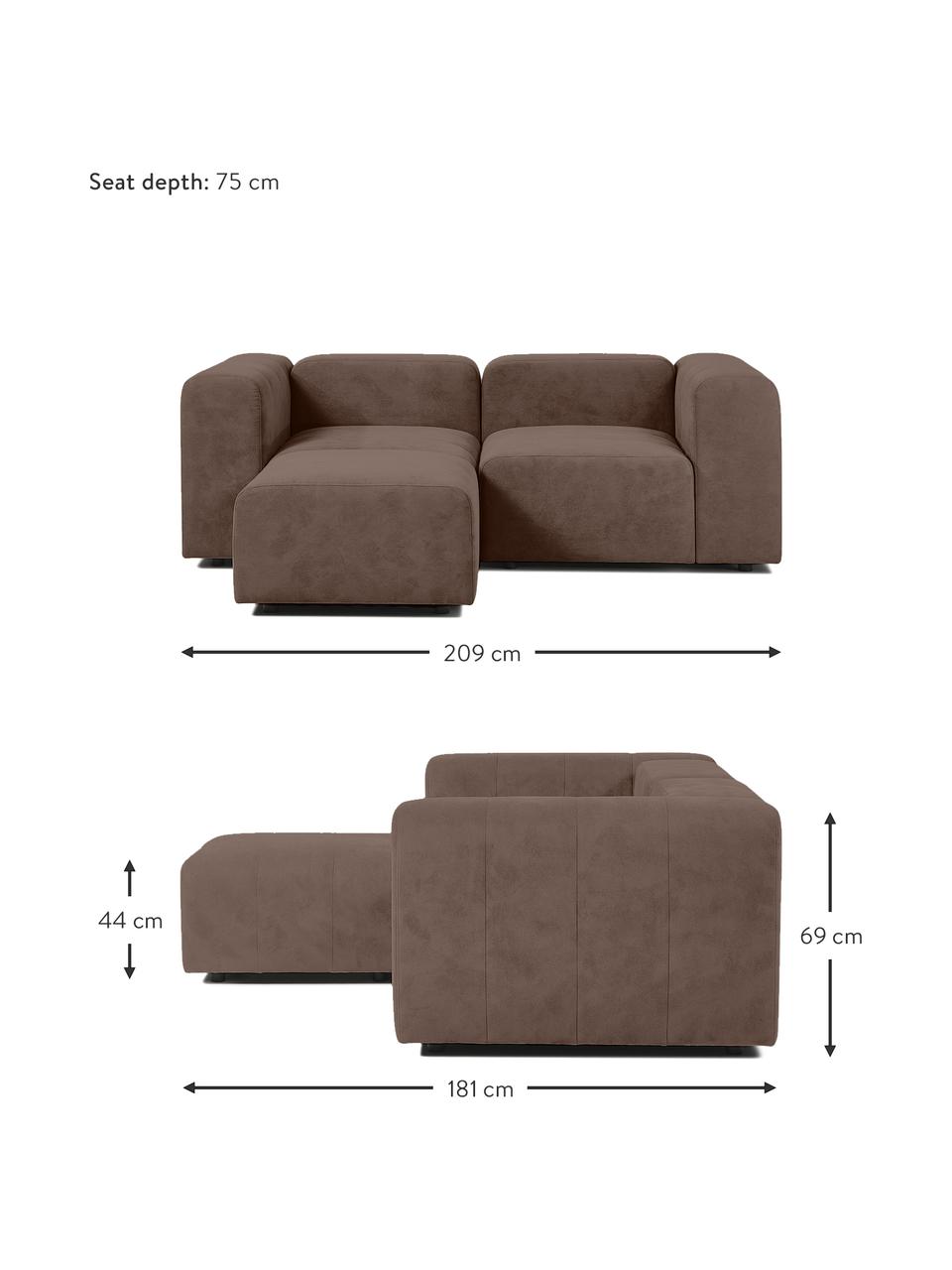 Canapé modulable 3 places brun foncé avec pouf Lena, Tissu brun foncé, larg. 209 x prof. 181 cm