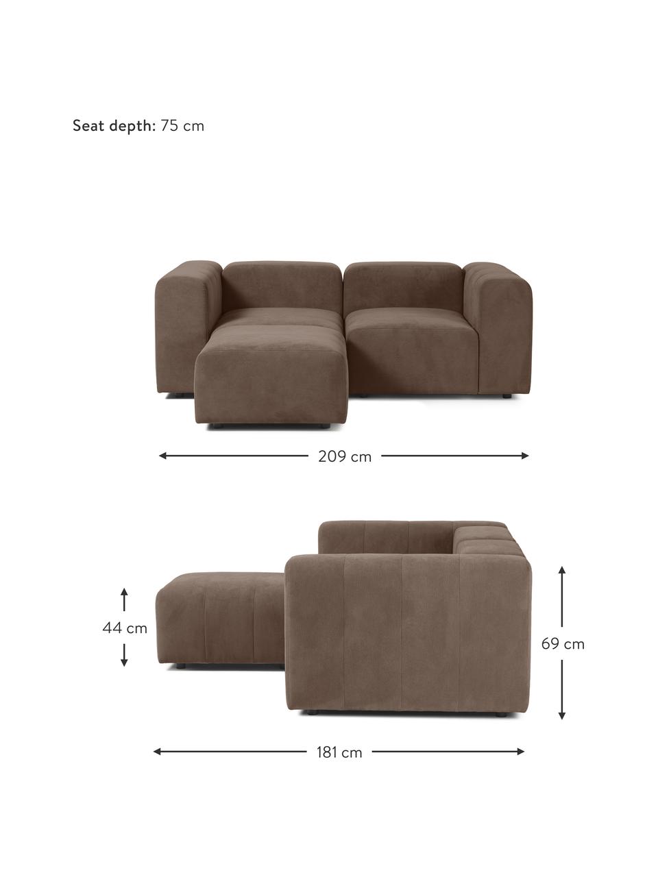 Sofá modular con reposapiés Lena (3 plazas), Tapizado: tejido (88% poliéster, 12, Estructura: madera de pino, contracha, Patas: plástico, Tejido marrón oscuro, An 209 x F 181 cm