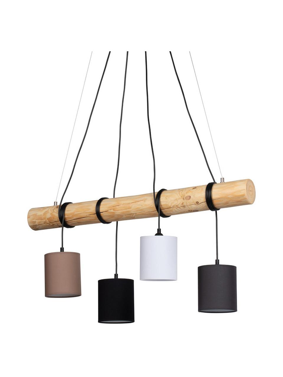 Lámpara de techo grande de madera Pietro, Pantalla: tela, Barra: madera de pino barniza, Anclaje: metal recubierto, Cable: plástico, Marrón, blanco, An 90 x Al 140 cm