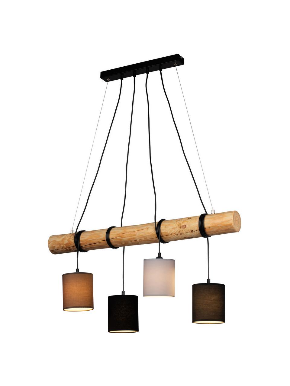 Lámpara de techo grande de madera Pietro, Pantalla: tela, Barra: madera de pino barniza, Anclaje: metal recubierto, Cable: plástico, Marrón, blanco, An 90 x Al 140 cm