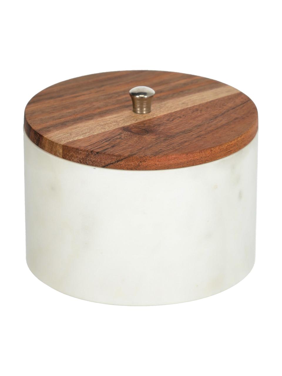 Boîte de rangement marbre Karla, Marbre blanc, bois foncé, Ø 13 x haut. 10 cm