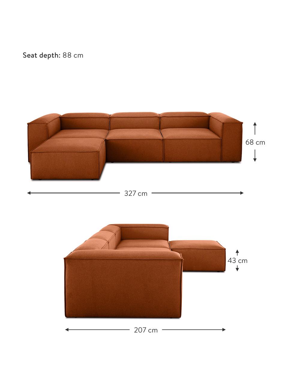Sofa modułowa z pufem Lennon (4-osobowa), Tapicerka: poliester Dzięki tkaninie, Stelaż: lite drewno sosnowe z cer, Nogi: tworzywo sztuczne Materia, Terakotowa tkanina, S 327 x G 207 cm