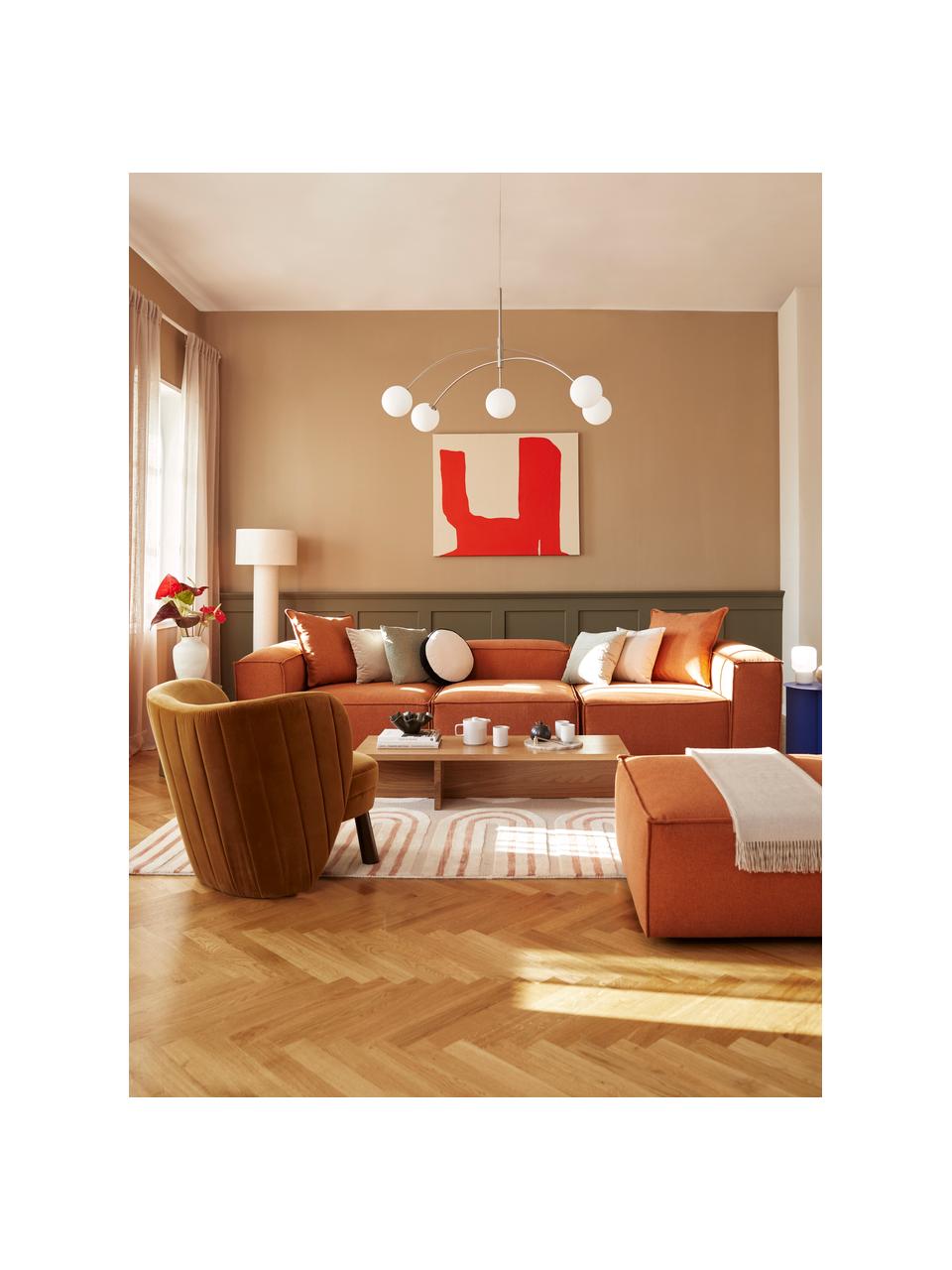 Modulaire bank Lennon (4-zits) met kruk, Bekleding: 100% polyester, Frame: massief grenenhout FSC-ge, Poten: kunststof, Geweven stof terracotta, B 327 x D 207 cm