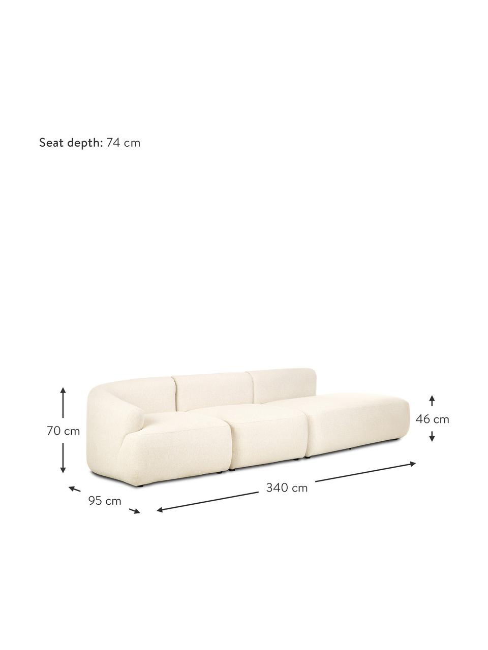 Chaise-longue componibile Sofia, Rivestimento: 100% polipropilene Con 23, Struttura: legno di pino massiccio, , Piedini: plastica, Tessuto bianco crema, Larg. 340 x Prof. 95 cm, schienale a destra