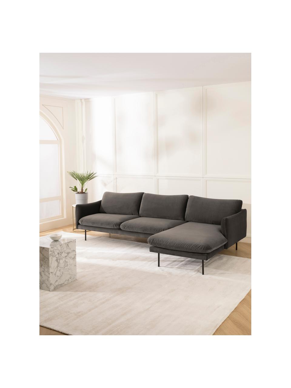 Samt-Ecksofa Moby, Bezug: Samt (Hochwertiger Polyes, Gestell: Massives Kiefernholz, Beine: Metall, pulverbeschichtet, Samt Taupe, B 280 x T 160 cm, Eckteil links