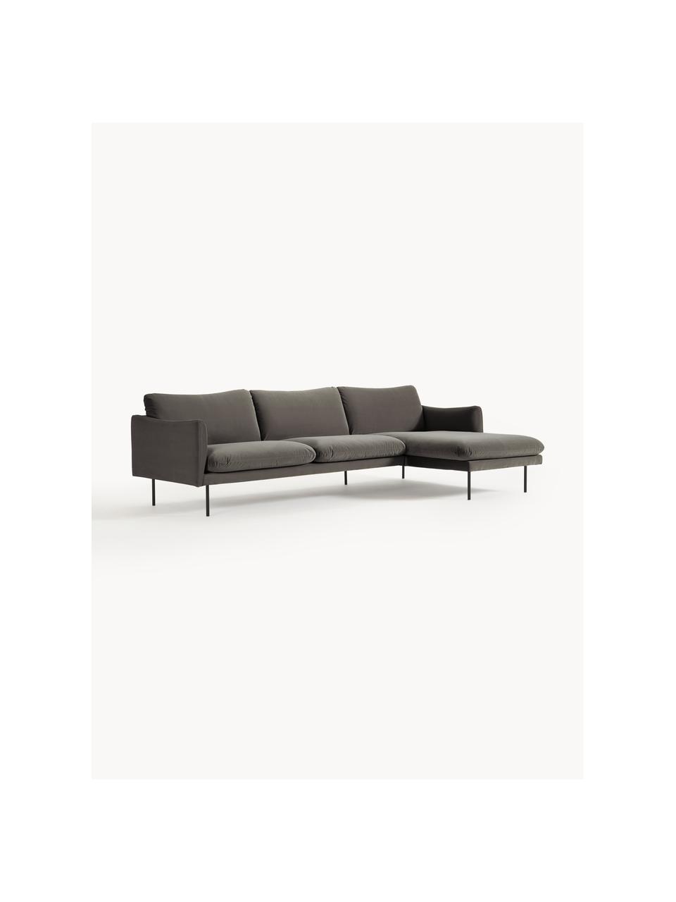 Samt-Ecksofa Moby, Bezug: Samt (Hochwertiger Polyes, Gestell: Massives Kiefernholz, Beine: Metall, pulverbeschichtet, Samt Taupe, B 280 x T 160 cm, Eckteil links