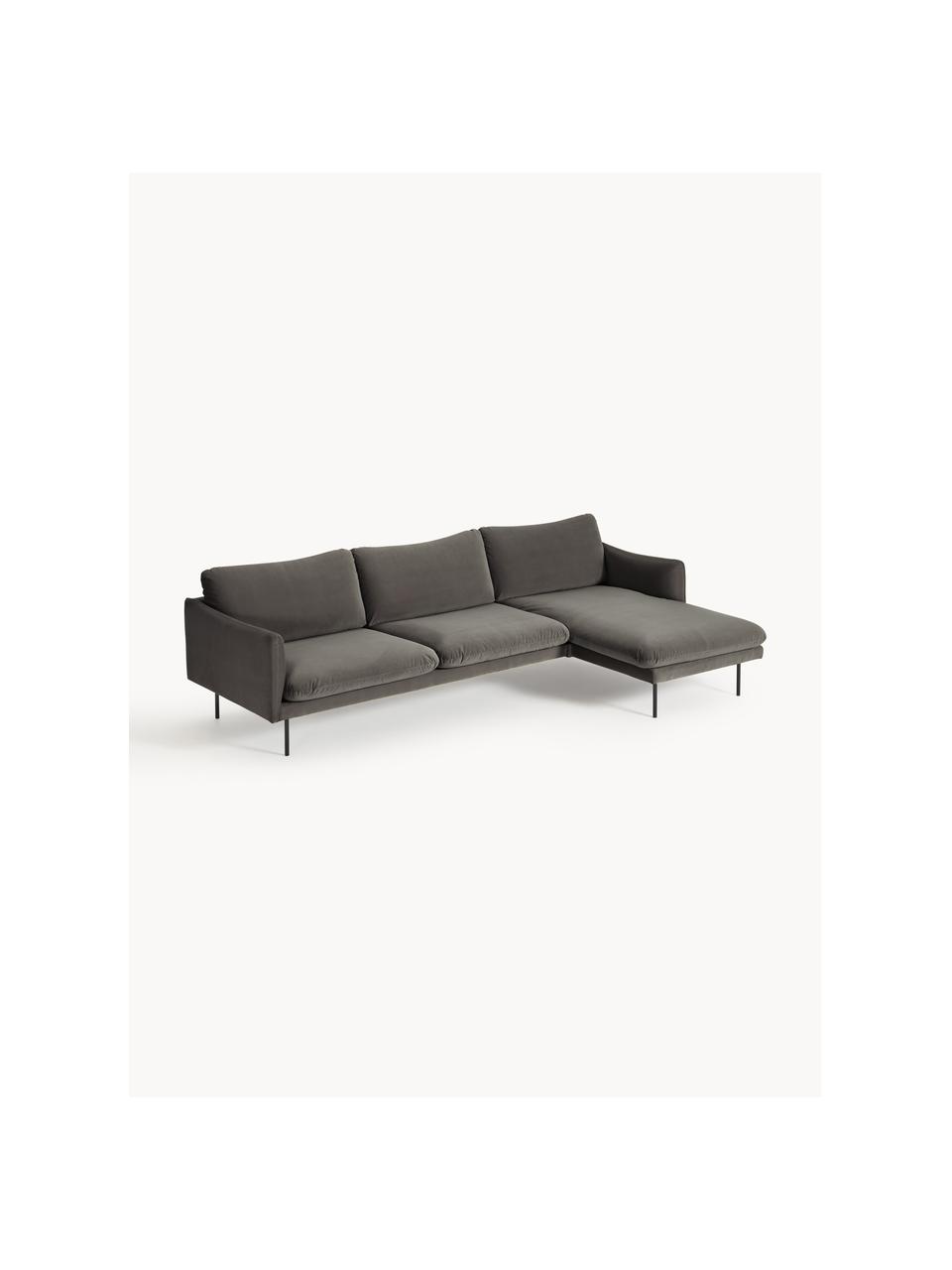 Sofa narożna z aksamitu Moby, Tapicerka: aksamit (wysokiej jakości, Stelaż: lite drewno sosnowe, Nogi: metal malowany proszkowo , Taupe aksamit, S 280 x G 160 cm, lewostronna