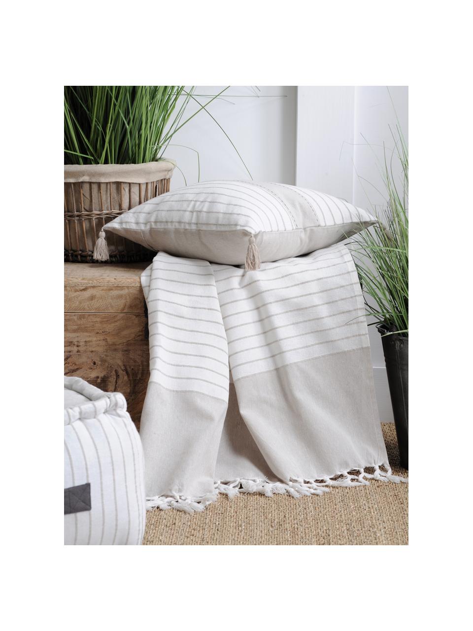 Lekki koc bawełniany z frędzlami Monica, 100% bawełna, Beżowy, biały, S 125 x D 150 cm