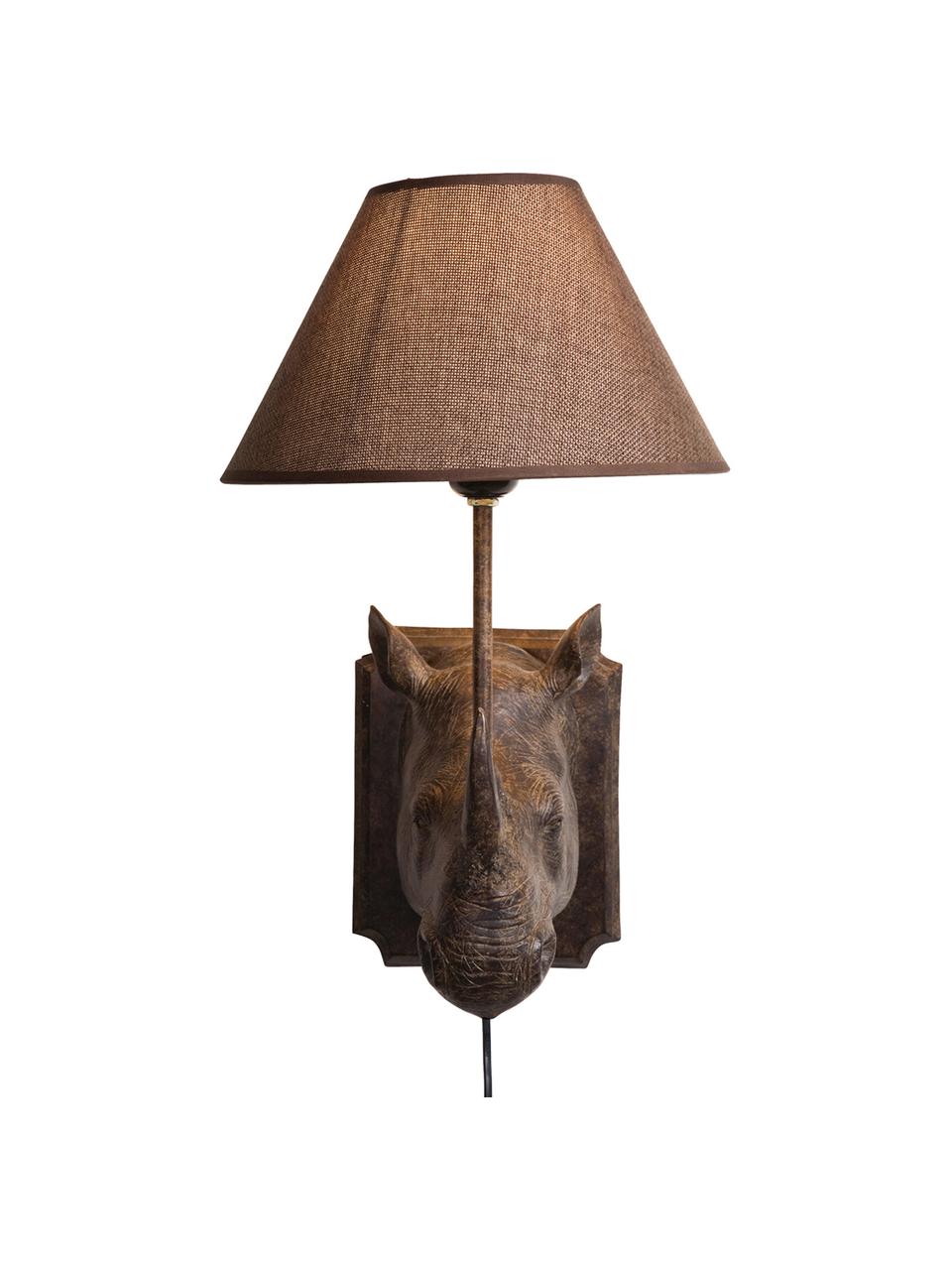 Grote design wandlamp Rhino met stekker, Lamp: polyresin, Lampenkap: linnen, Frame: staal, Bruin, 27 x 40 cm