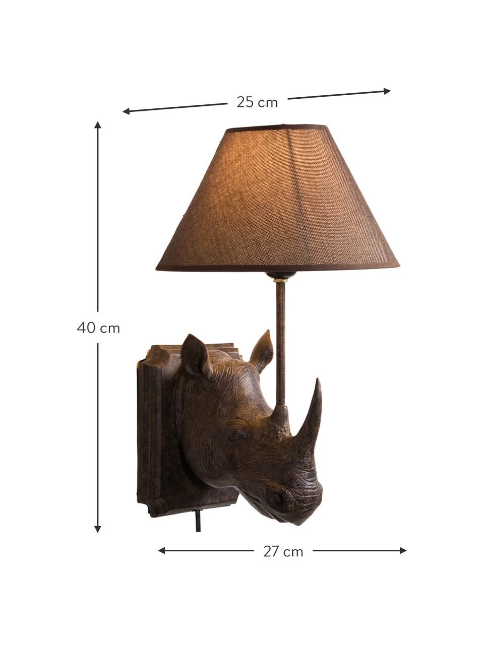 Grote design wandlamp Rhino met stekker, Lamp: polyresin, Lampenkap: linnen, Frame: staal, Bruin, 27 x 40 cm