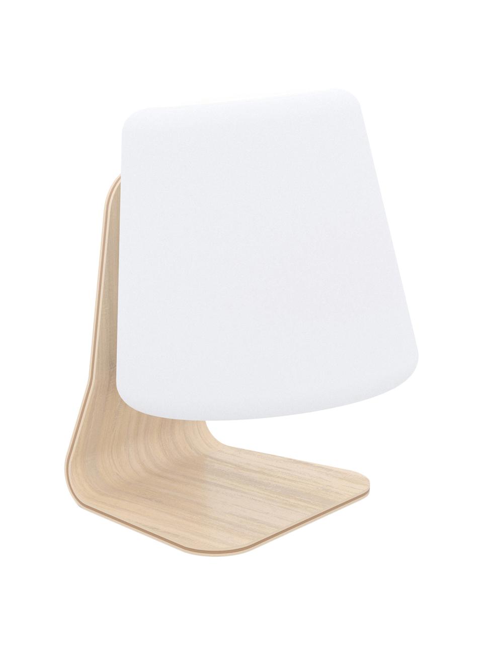 Mobiele outdoor LED lamp Table, Lampenkap: kunststof, Lampvoet: iepenhout met berkenhoutf, Wit, lichtbruin, 22 x 29 cm