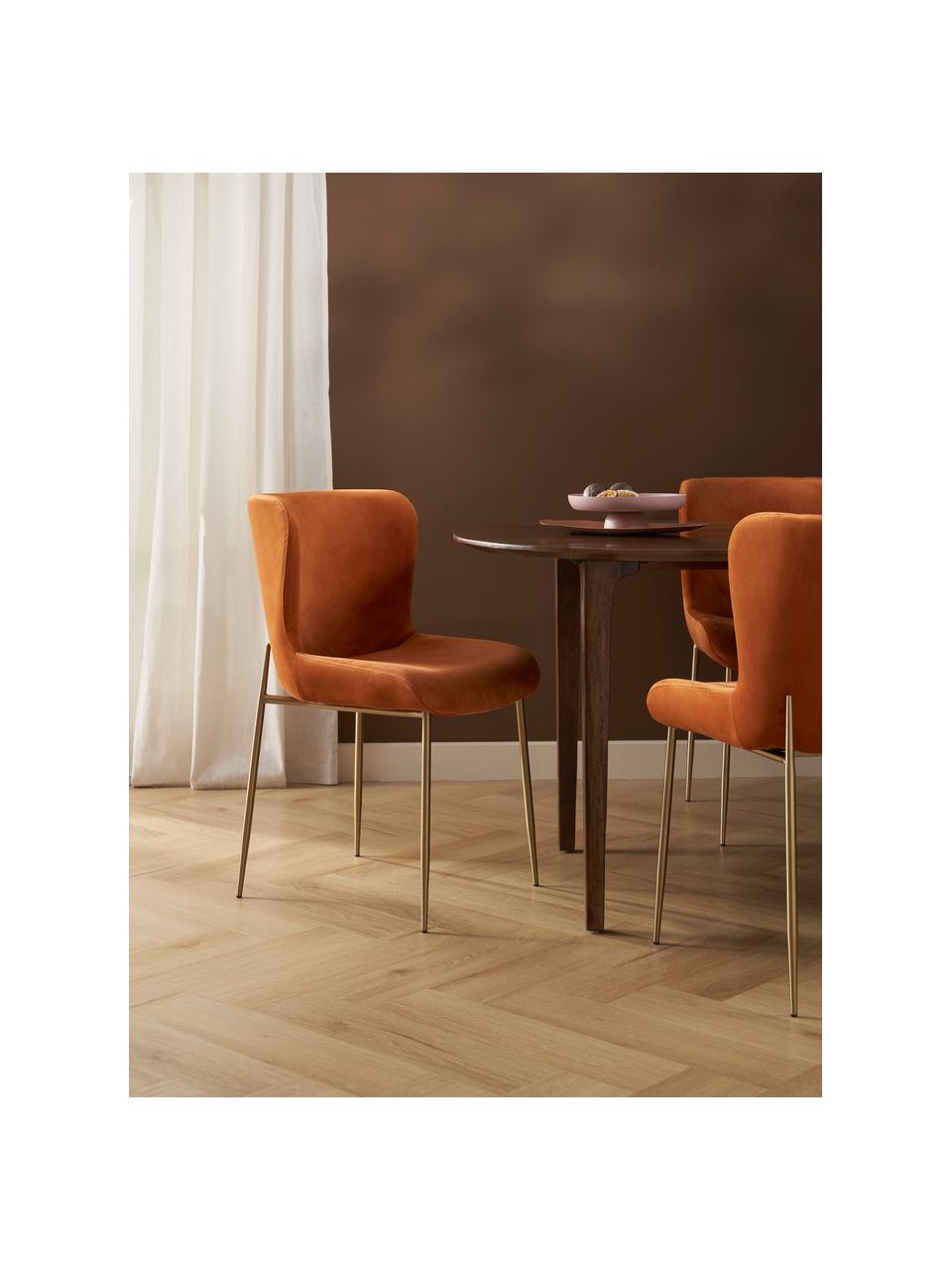 Krzesło tapicerowane z aksamitu od Chrisa Glassa Tess, Tapicerka: aksamit (poliester) Dzięk, Nogi: metal malowany proszkowo, Pomarańczowy aksamit, odcienie złotego, S 49 x W 84 cm