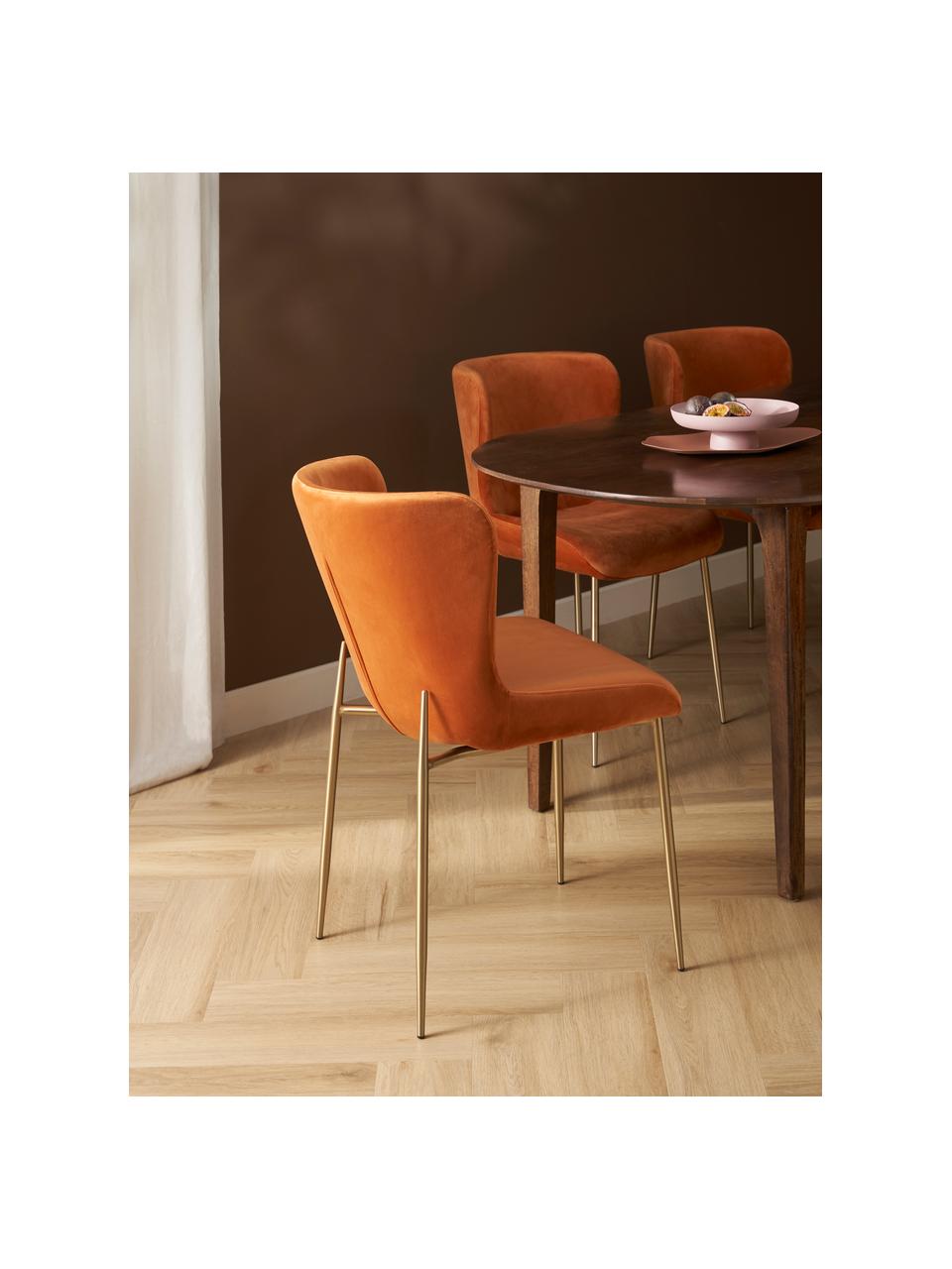 Fluwelen stoel Tess van Chris Glass, Bekleding: fluweel (polyester) Met 3, Poten: metaal, gepoedercoat, Fluweel oranje, goudkleurig, B 49 x H 84 cm
