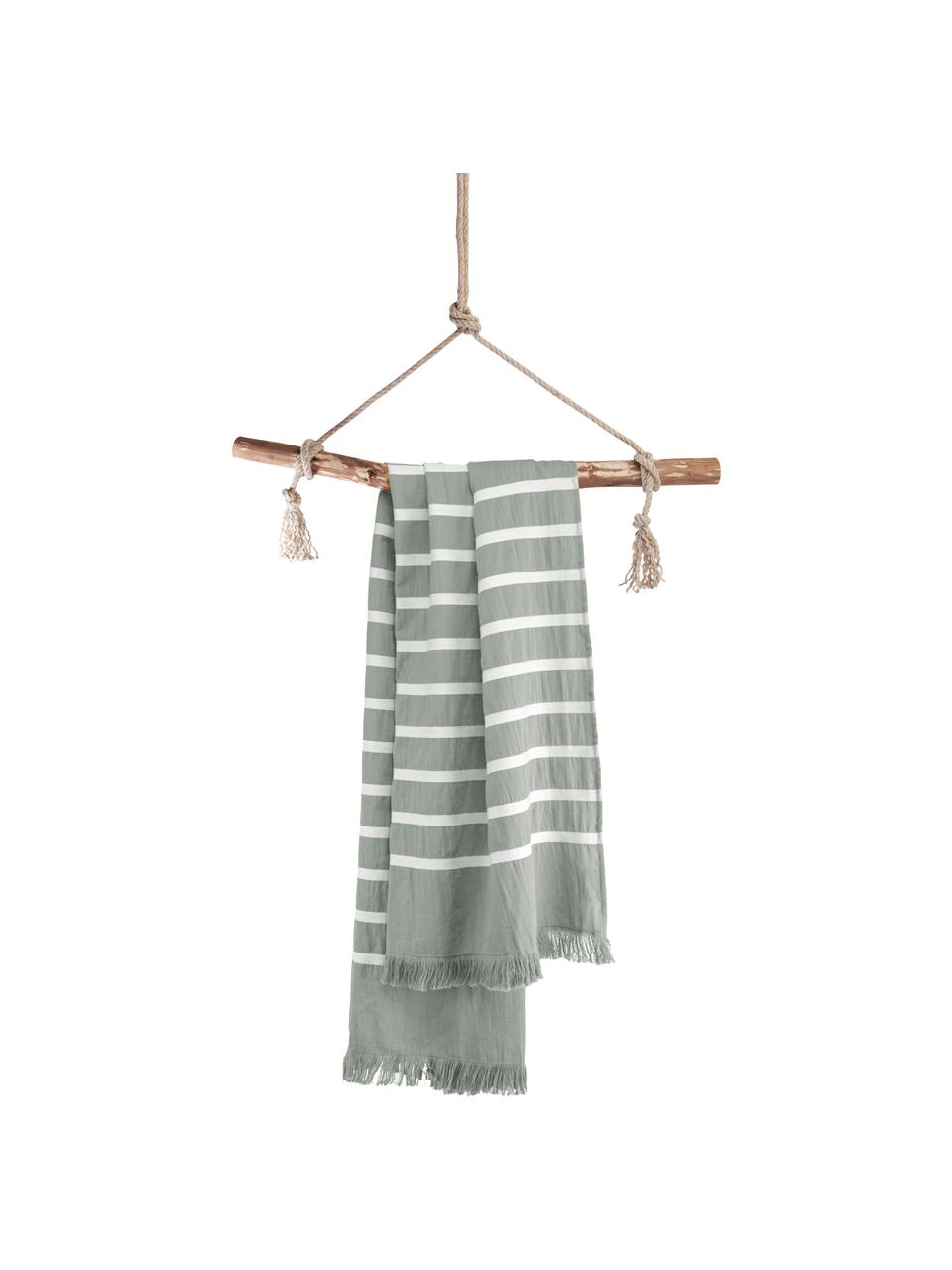 Fouta a rayas con flecos Filena, 100% algodón, Verde jadeita, blanco, An 100 x L 180 cm