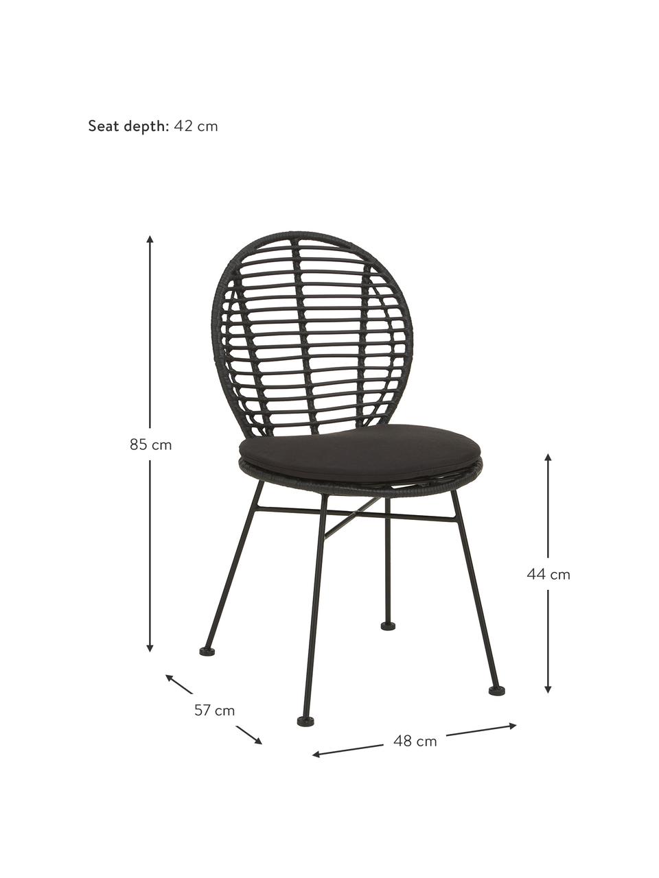 Polyrotan stoelen Cordula met stoelkussen, 2 stuks, Zitvlak: polyethyleen vlechtwerk, Frame: gepoedercoat metaal, Zwart, B 48 x D 57 cm